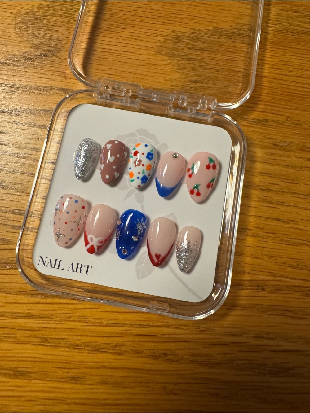 Nail Art Press-On Set โ Pink, Blue, Silver Accents